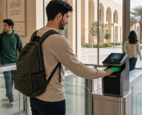 Generic biometric terminal beside secure access gates in a modern UAE university building